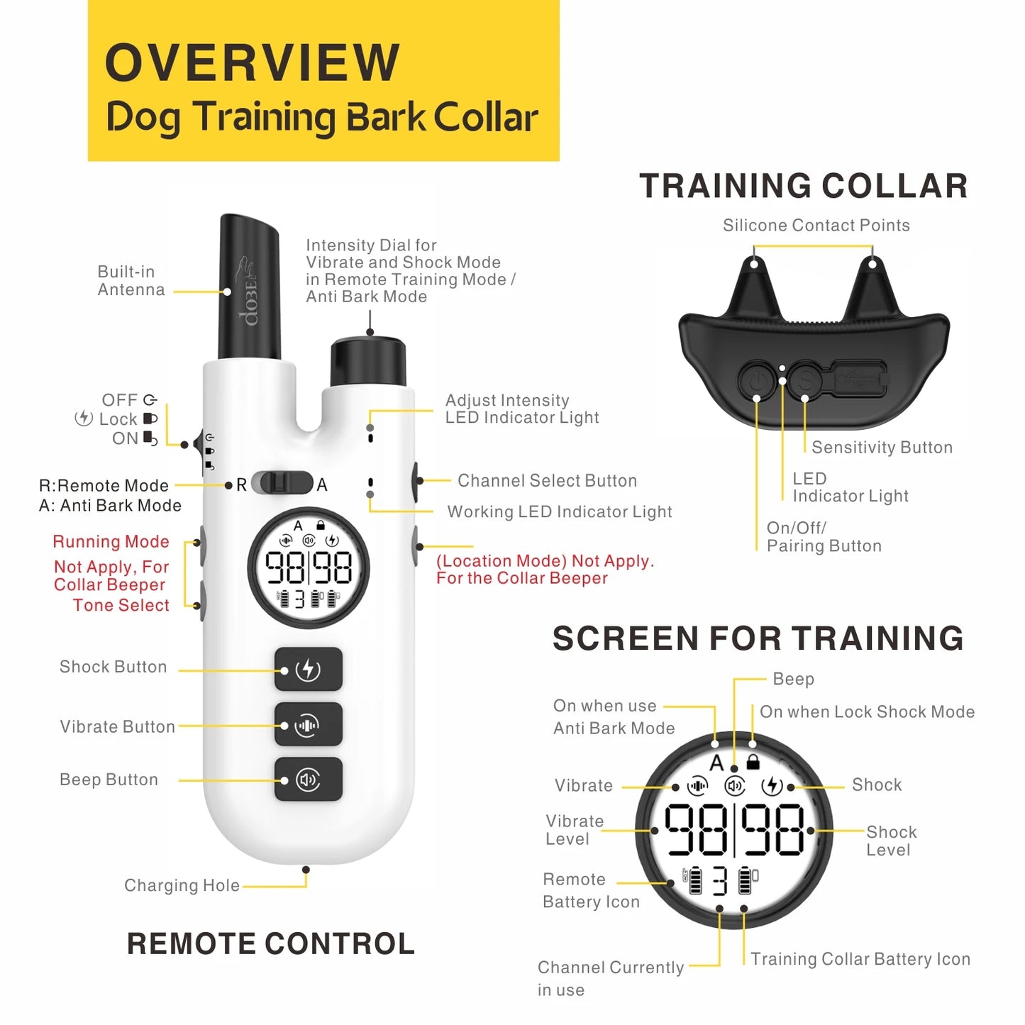 BH600R 2-in-1 Anti-Bark and Remote Dog Training Collar 1-3 Dogs 1000m